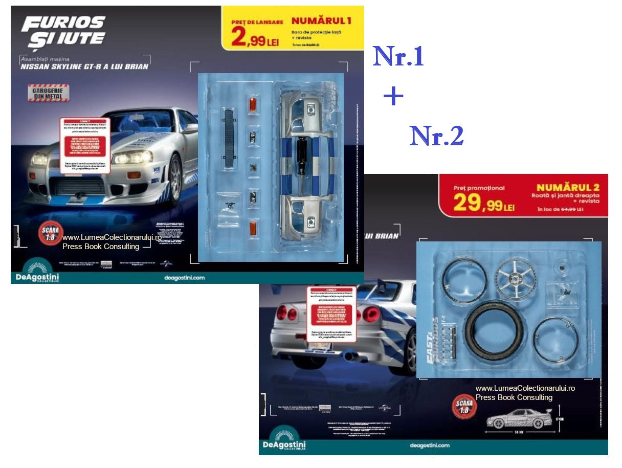 Pachet Macheta auto Nissan Skyline GT-R R34 KIT nr.1 + nr.2, scara 1:8 Deagostini