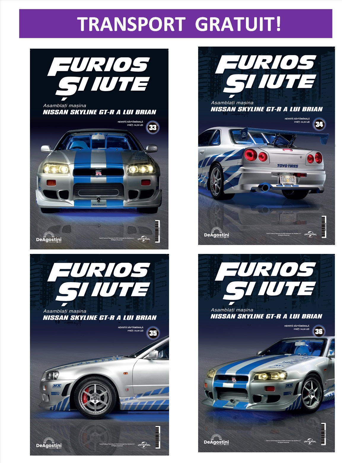 Pack 6 (Nr.33-36) Macheta auto Nissan Skyline GT-R R34 KIT, scara 1:8 Deagostini