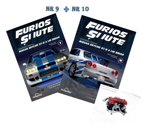 Pachet Macheta auto Nissan Skyline GT-R R34 KIT nr.9 + nr.10, scara 1:8 Deagostini