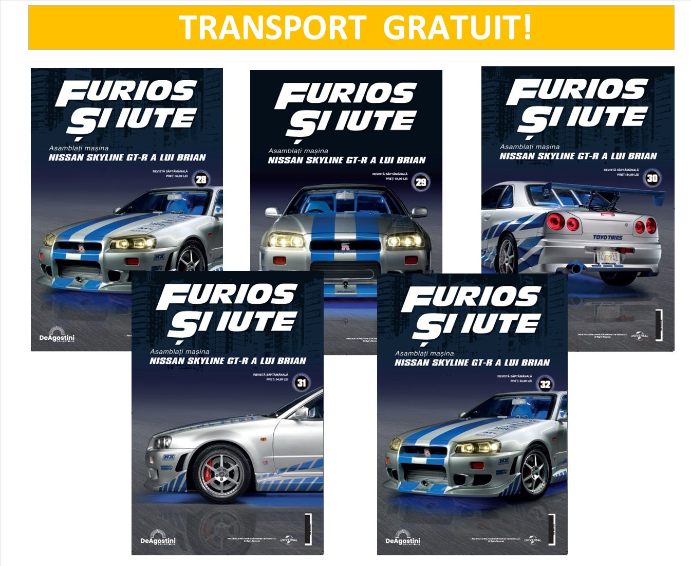 Pack5 (Nr.28-32) Macheta auto Nissan Skyline GT-R R34 KIT, scara 1:8 Deagostini